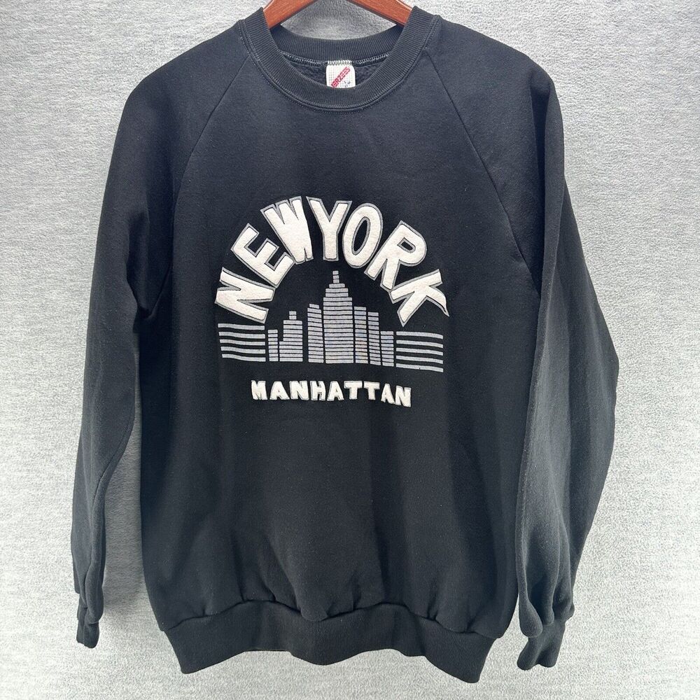 Vtg JERZEES -  Black New York Manhattan Skyline Crew Neck Sweatshirt Size L  A50